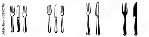 Collection of various types of forks and knives arranged in different styles on a white background