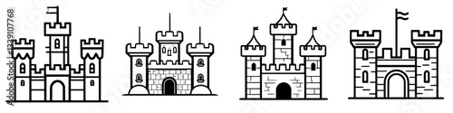 Variety of castle designs showcased in a simple black and white style with various turret and wall structures