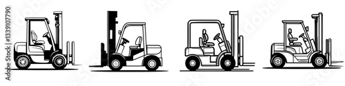 Different views of a forklift showing its design and functionality in a warehouse setting