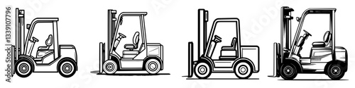 Illustration showing different perspectives of a forklift in operation at a warehouse during daylight