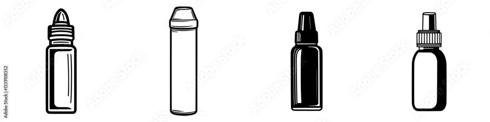 Variety of empty bottles arranged in a row, showcasing different shapes and caps for potential use in packaging Variety of empty bottles arranged in a row, showcasing different shapes and caps for potential use in packaging