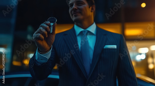 Businessman in Suit Holding Car Key, Ownership Concept, Success, New Opportunities, Achievement