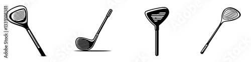 Golf club silhouettes in a minimalistic style showcasing various types of clubs during a sunny day at a golf course