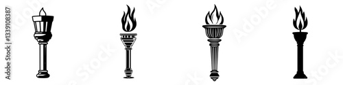 Various representations of torches in different styles showcasing diverse designs with flames