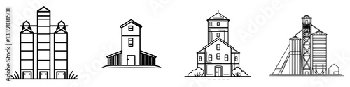 Various styles of storage buildings for grain displayed in a linear arrangement