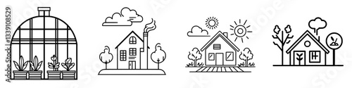 Illustrations depicting various houses and a greenhouse situated in different environments and weather conditions