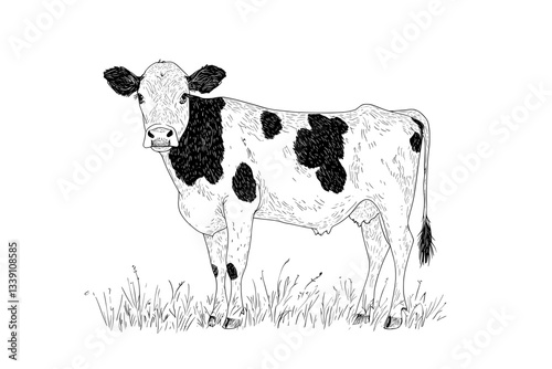 The cow is grazing in the field, as depicted in a modern hand-drawn engraving style illustration