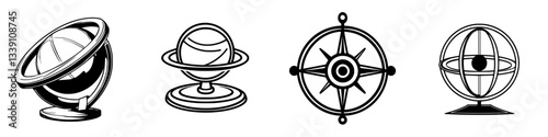 Various globes and compasses in black and white design for navigation and geography themes
