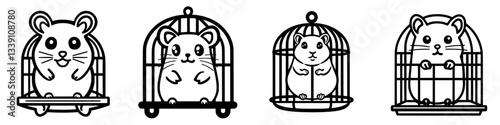 Cute hamsters in cages showcasing different poses and expressions in a playful design