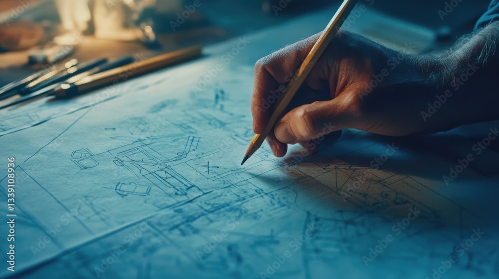 Engineer sketching blueprints with pencil, hand drawing technical draft, architecture and construction planning Engineer sketching blueprints with pencil, hand drawing technical draft, architecture and construction planning