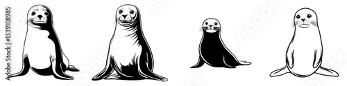 Four cartoon seals posing playfully on a white background in a fun and lighthearted manner