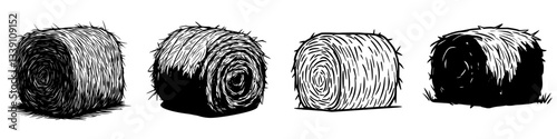 Various styles of hay bales stacked in a row, showcasing distinct textures and forms in a rural setting