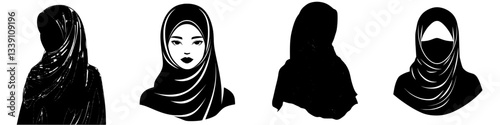 Diverse representations of women wearing hijabs in various styles and poses against a simple background