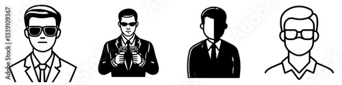 Stylish men in suits wearing sunglasses in a minimalist black and white illustration showcasing different expressions and poses