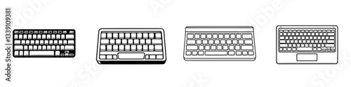 Different designs of computer keyboards displayed horizontally showcasing various styles and layouts for typing