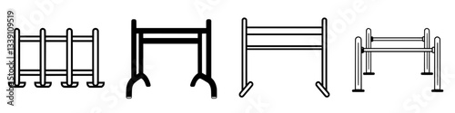 Various designs of gymnastic parallel bars shown in minimalist style for athletic training and exercise
