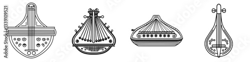 Diverse string instruments displayed in a row showcasing traditional designs from different cultures