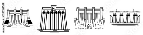 Illustrations of various types of dams showcasing unique architectural designs and water flow characteristics
