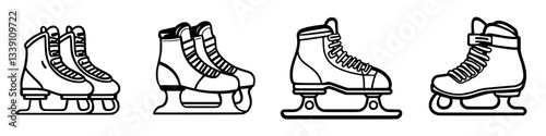 Various designs of ice skates showcased in a minimalist black and white style for winter sports enthusiasts