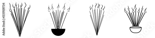 Different styles of incense sticks burning, showcasing various designs and shapes in artistic representations