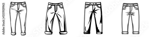 Different styles of denim pants displayed in a simple, artistic arrangement with varying designs and finishes