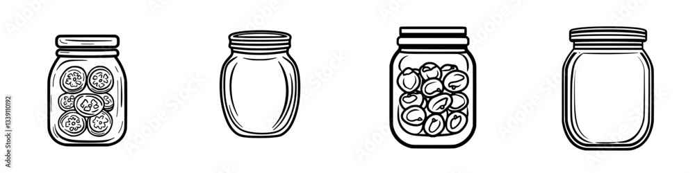 Different jars in various states filled with food items and one empty jar in a minimalist design Different jars in various states filled with food items and one empty jar in a minimalist design