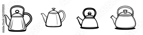 Various styles of tea kettles displayed on a white background with simple line art design, showcasing different shapes and features for home use
