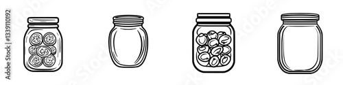 Different jars in various states filled with food items and one empty jar in a minimalist design