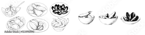 A vintage modern sketch depicts a seafood dish with soup, oysters, shrimp, mussels, and taco all arranged on a single plate
