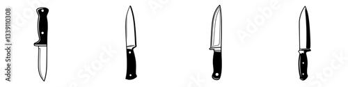 Different views of a kitchen knife with a black handle showcasing its design and functionality in culinary tasks