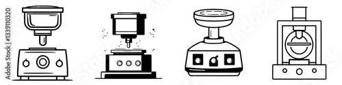 Various kitchen appliances for food preparation in a modern kitchen setting display different functionalities and designs