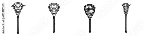 Four variations of lacrosse sticks displayed in a streamlined arrangement showcasing their unique net designs and shapes