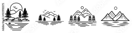 Nature-inspired illustrations of mountains and lakes featuring trees and a rising sun
