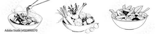 The bowl of vegetables salad is depicted in an ink sketch with a hand-drawn engraving style modern illustration
