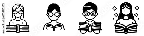 Depictions of individuals reading books in various styles and expressions in a minimalist design