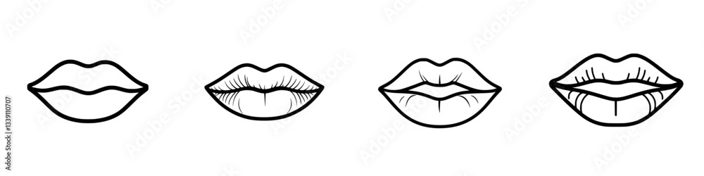 Different styles of lips illustrated with varying shapes and details in black outline on a white background