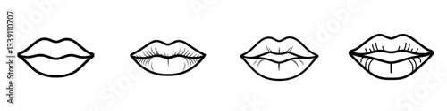 Different styles of lips illustrated with varying shapes and details in black outline on a white background