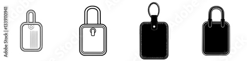 Different types of locks and tags displayed against a simple background in black and white colors