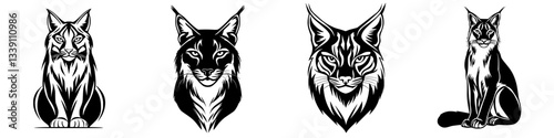 Different stylized representations of lynx illustrations showing various poses and expressions by a white background