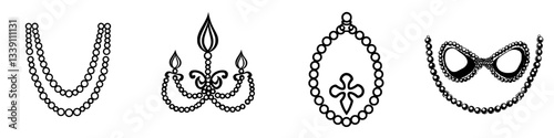 Various elegant jewelry designs including necklaces and chandeliers in a detailed line art style