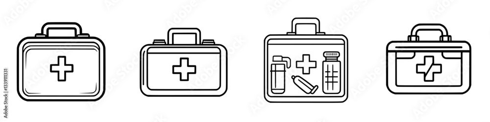 Variations of medical first aid kits displayed in simple line drawings showcasing essential health supplies and equipment Variations of medical first aid kits displayed in simple line drawings showcasing essential health supplies and equipment