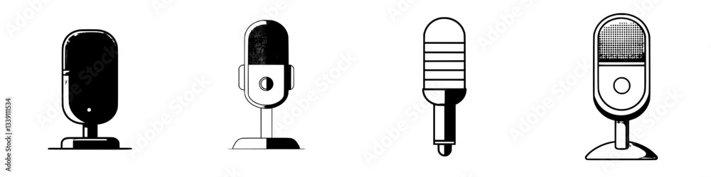 Diverse styles of microphones showcasing the evolution of audio recording equipment for various performances and broadcasts Diverse styles of microphones showcasing the evolution of audio recording equipment for various performances and broadcasts