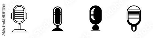 Different styles of microphones arranged in a row showcasing vintage and modern designs in a visual art layout