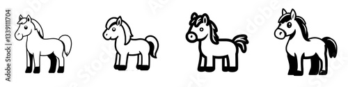 Various cartoon horses standing in a row showcasing different styles and expressions in a playful manner