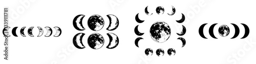 Moon phases illustrated with black and white design elements showing lunar cycles and celestial symbolism