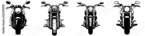 Different perspectives of modern motorcycles, showcasing unique designs and features from the front view