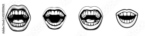 Different expressions of open mouths showing various emotions and reactions in a drawn style with clear outlines