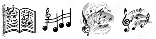 Musical notes and symbols create a rhythmic pattern of sound and art in visual form