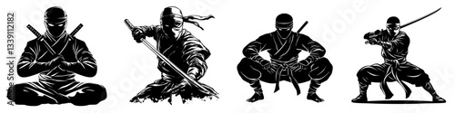 Various ninja poses showcasing skill and agility in a stylized black and white illustration from an action-oriented perspective
