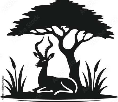 Antelope sitting near a tree for shade silhouette vector animal illustration